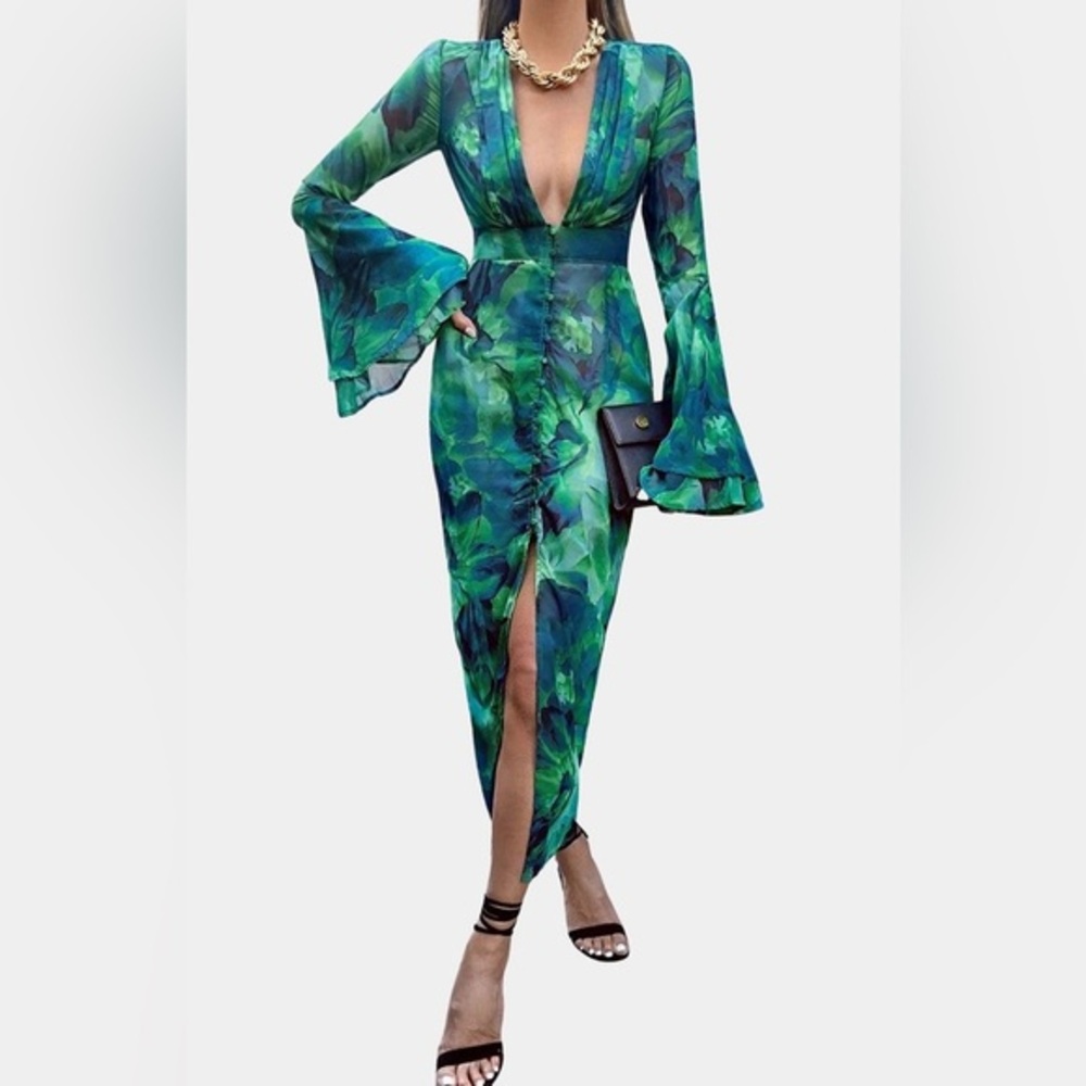 Elegant Green Floral midi dress L ma3-2